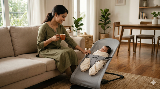 Tired Indian mother relaxing beside baby in breathable mesh rocking chair