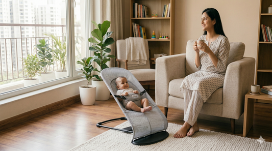 Parent soothing baby in a breathable portable baby rocker